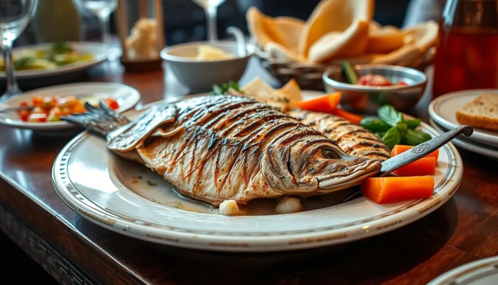 Fresh seafood dish served at a restaurant in Kenitra with traditional Moroccan side dishes