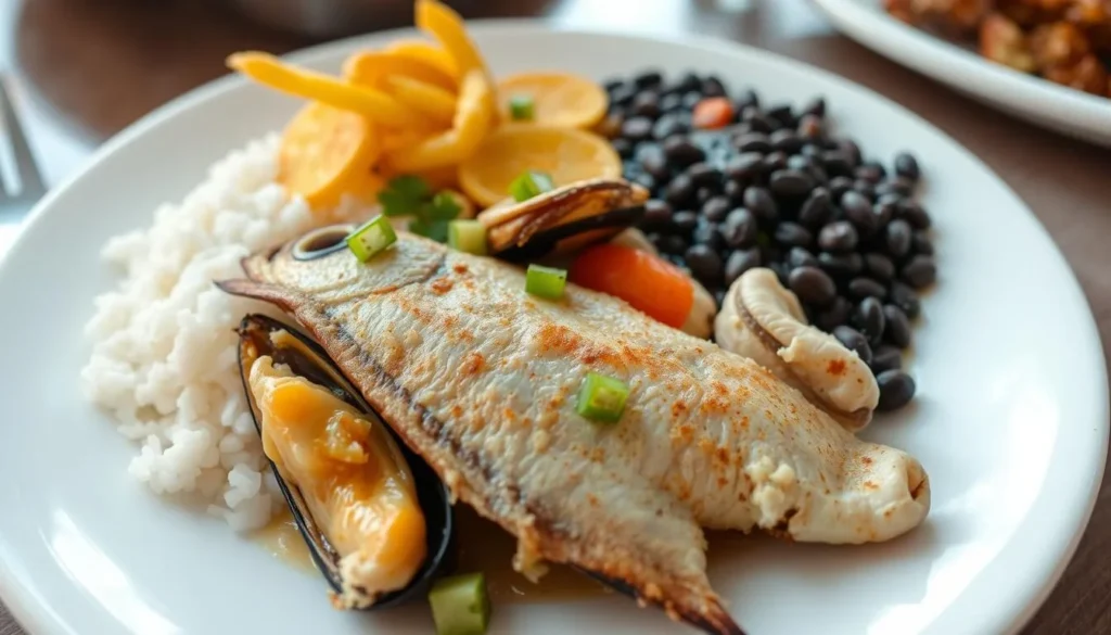 Fresh seafood dish typical of Nuevitas cuisine with rice, plantains and local garnishes