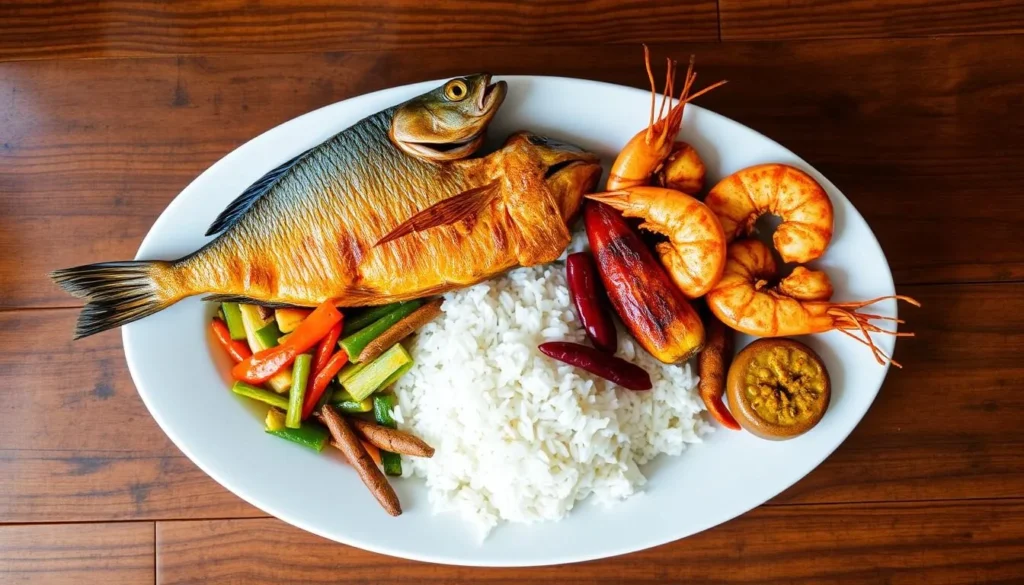 Fresh seafood dish with rice and local spices at a Mahajanga restaurant