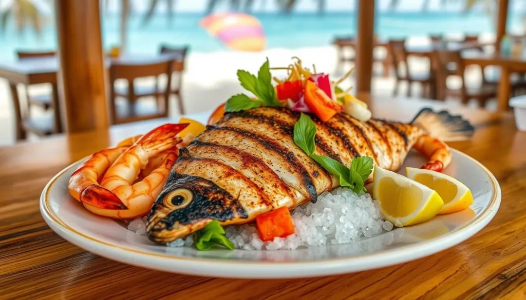 Fresh seafood dish with tropical garnishes at a beachfront restaurant in San Pedro Belize