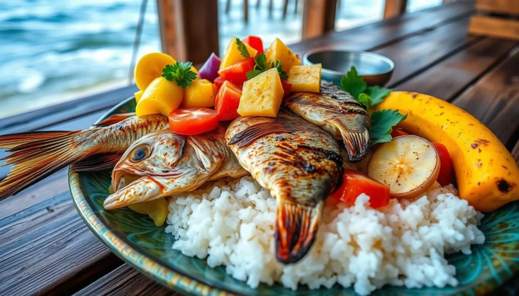 Fresh seafood dish with tropical garnishes typical of Roatán cuisine