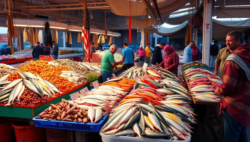 Fresh seafood display at Port de Pêche in Mohammedia with local vendors