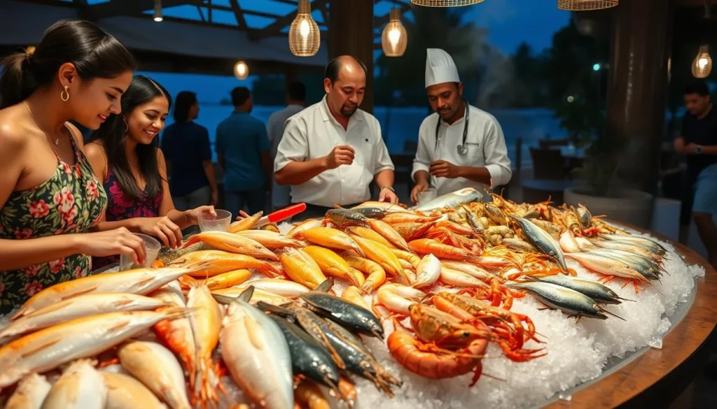 Fresh seafood display at a Negombo beachfront restaurant with diverse tourists selecting their dinner