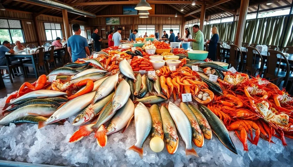 Fresh seafood display at a traditional restaurant in Bontang Kuala