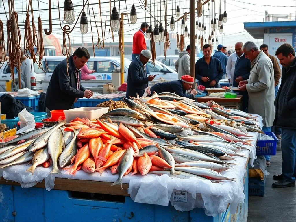 Fresh seafood displays at the bustling Sohar Fish Market