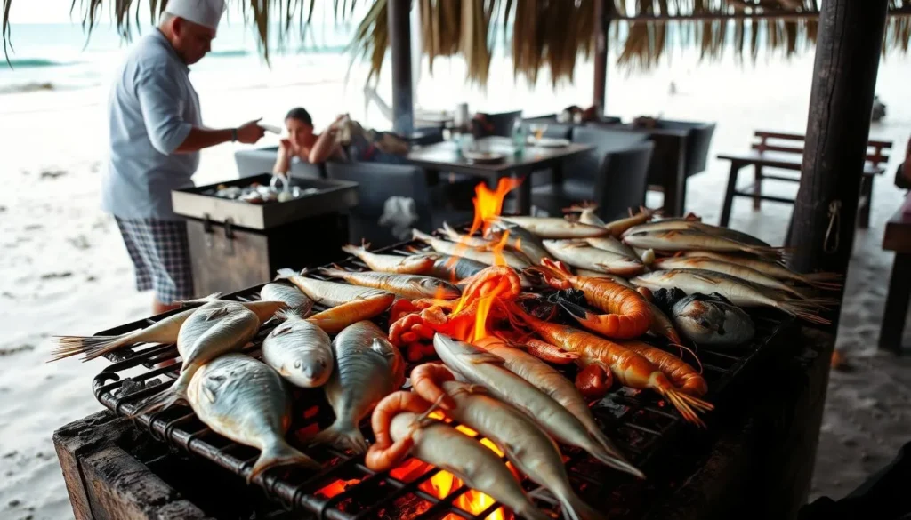 Fresh seafood grilled on an open fire at a beachside restaurant in Karimunjawa
