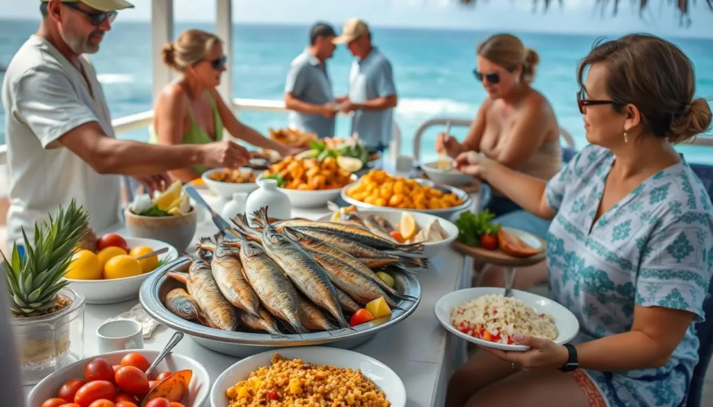 Fresh seafood lunch being served during an Isla Contoy tour