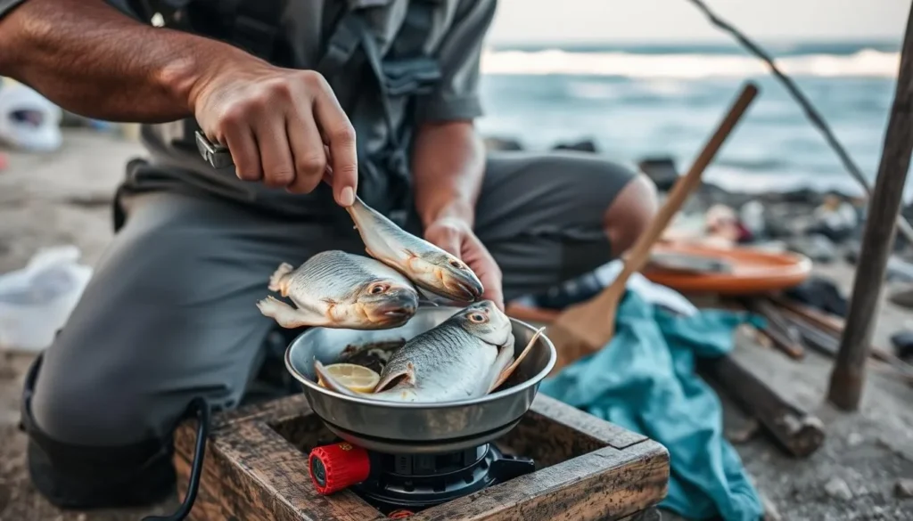 Fresh seafood meal being prepared at a beachside camp on Isla Isabel