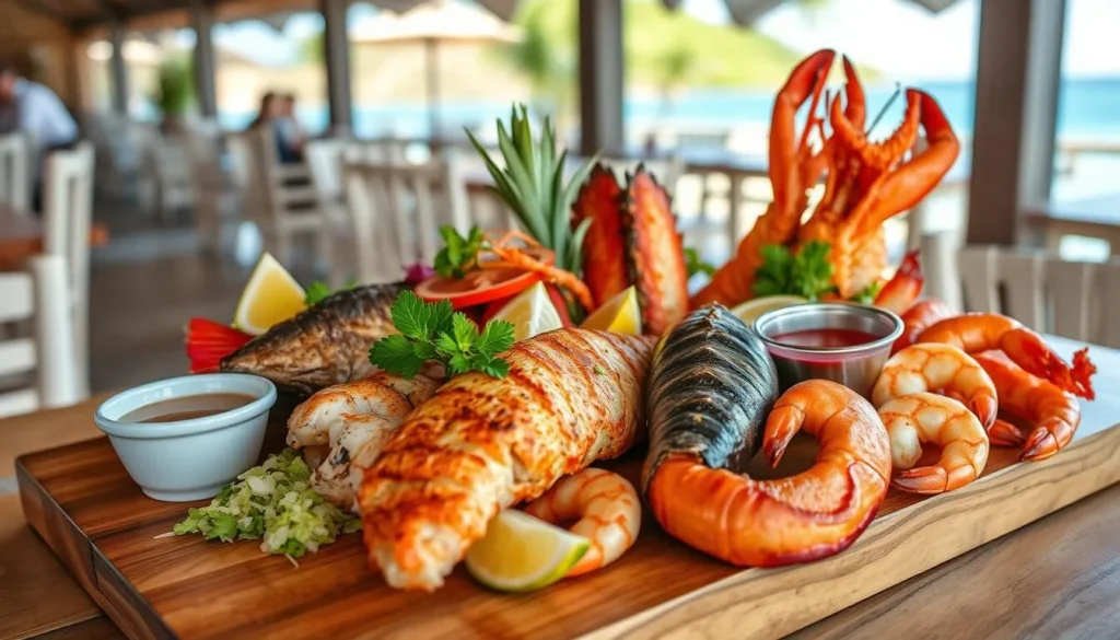 Fresh seafood platter at Cooper Island Beach Club Restaurant with ocean view in background