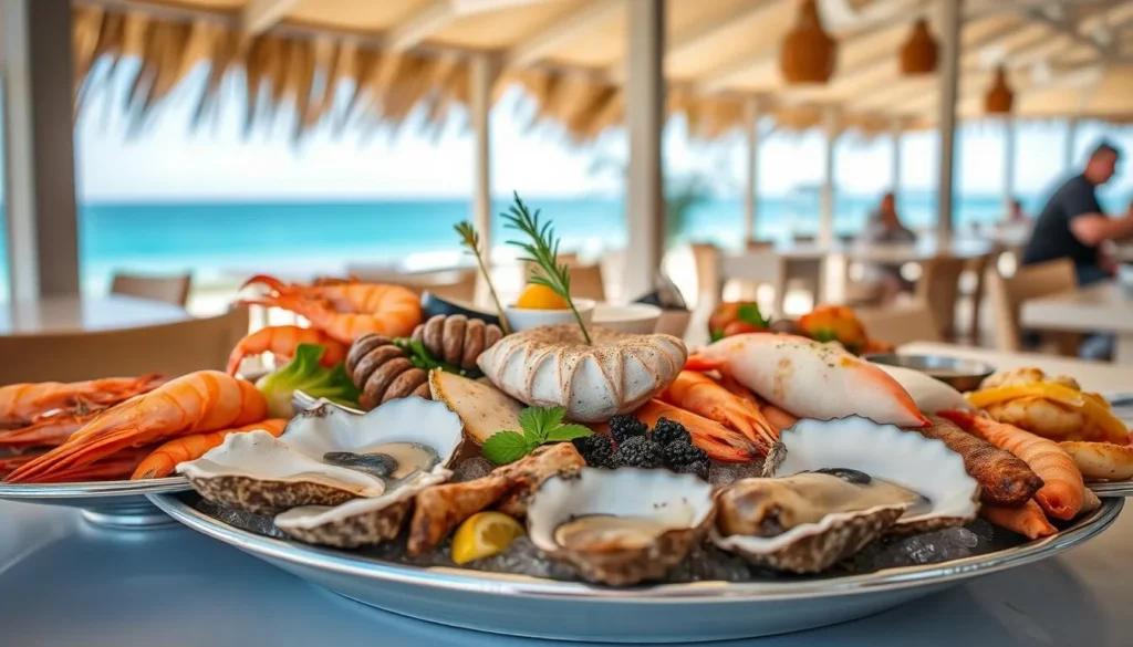 Fresh seafood platter at a Moreton Island Queensland restaurant with ocean view