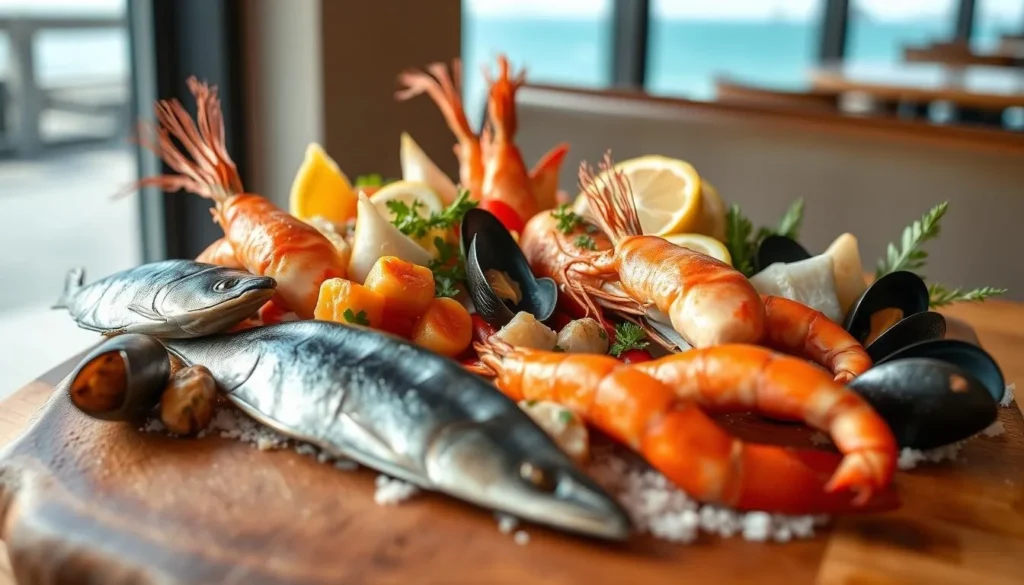 Fresh seafood platter at a Mount Maunganui restaurant with ocean view