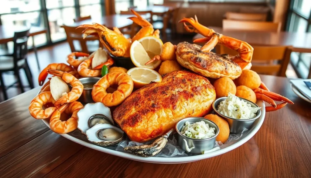 Fresh seafood platter at a Murrells Inlet restaurant with shrimp, oysters, and fish