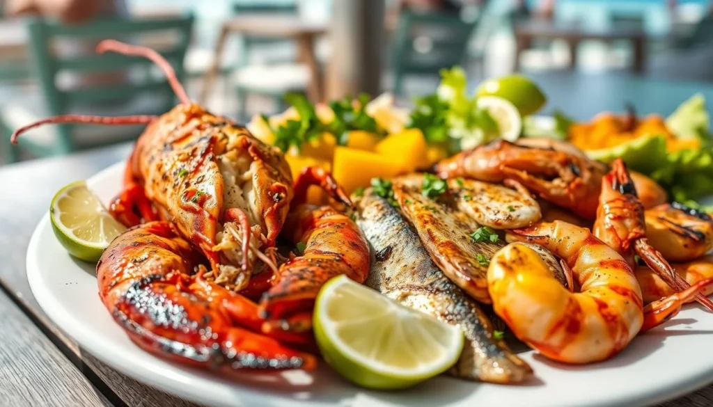 Fresh seafood platter at a beachfront restaurant in Sandy Ground
