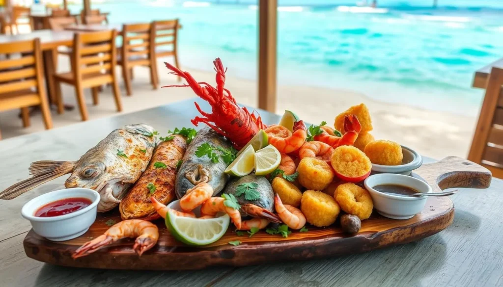Fresh seafood platter at a beachside restaurant at Valley Church Beach, Antigua