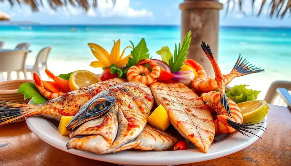 Fresh seafood platter at a beachside restaurant near Arashi Beach