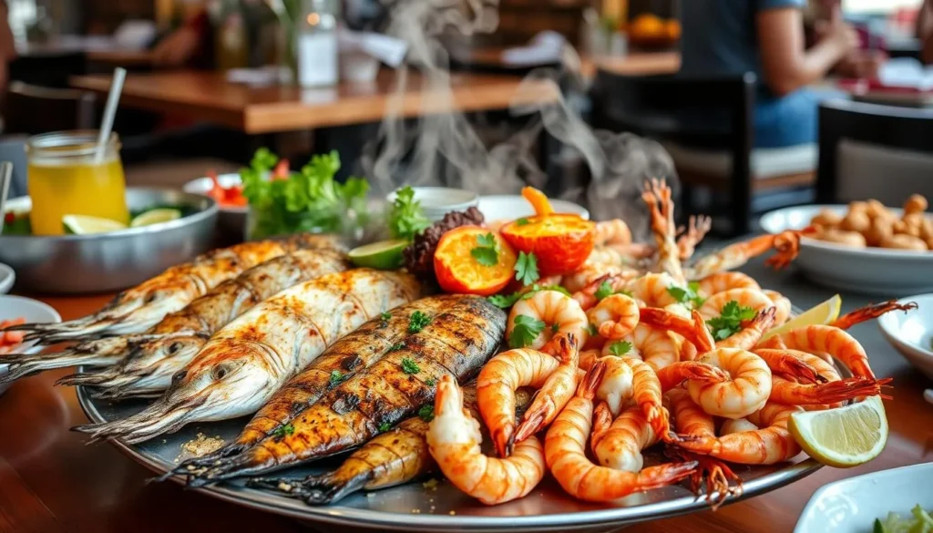 Fresh seafood platter at a harbor restaurant in Tyre, Lebanon