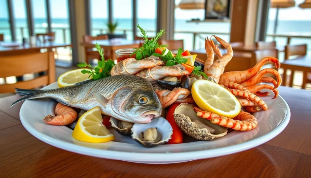 Fresh seafood platter at a local Broulee restaurant with ocean view