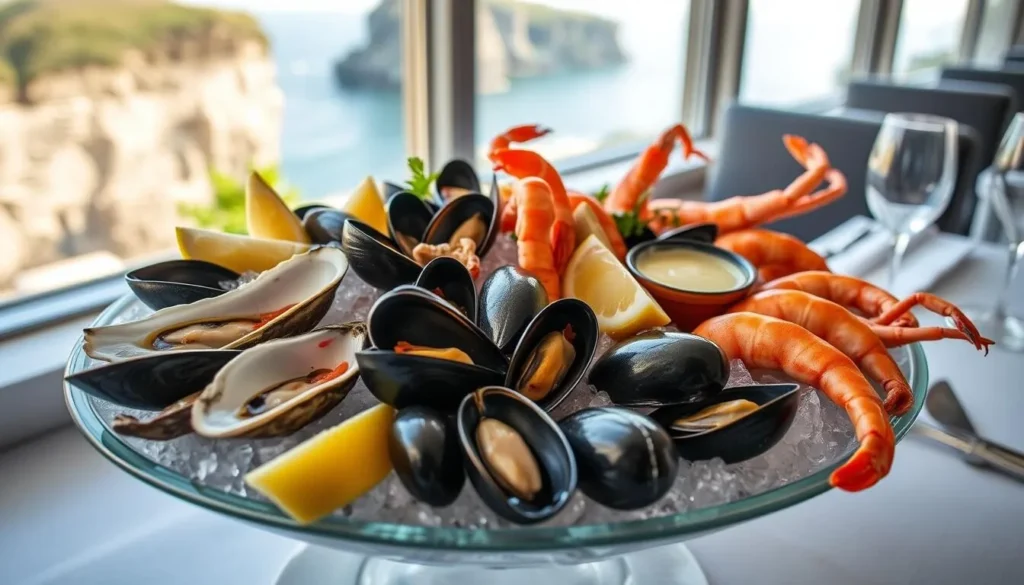 Fresh seafood platter at a restaurant in Etretat with view of the sea Fresh seafood platter at a restaurant in Etretat with view of the sea