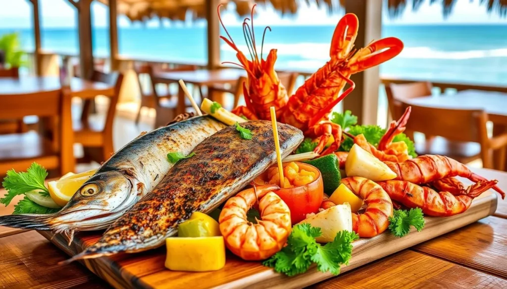 Fresh seafood platter at a restaurant on Charles Darwin Avenue in Puerto Ayora