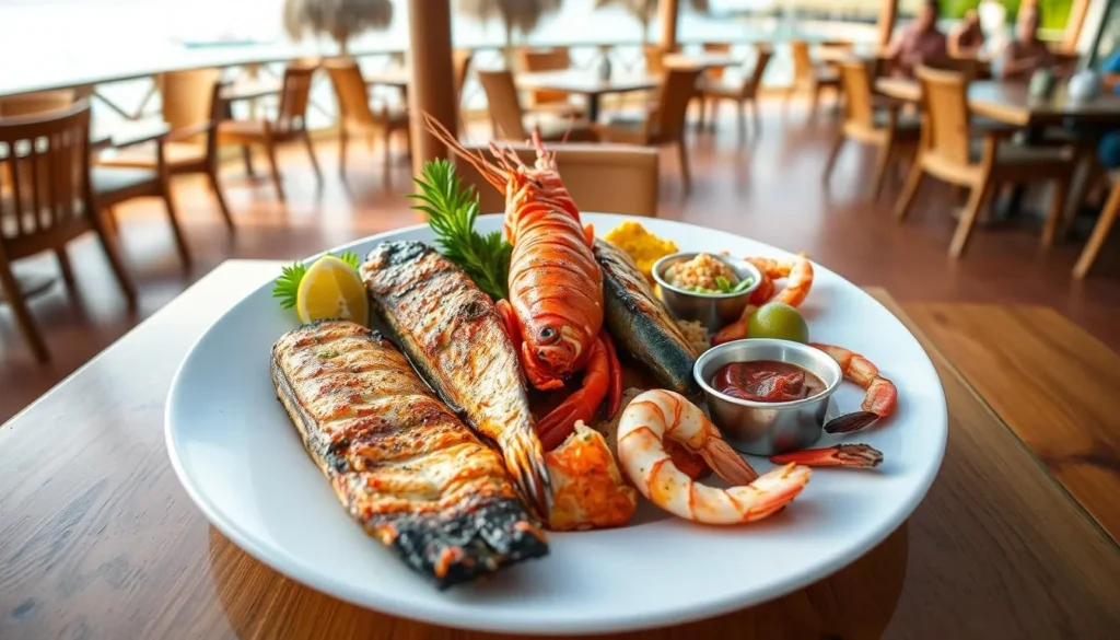 Fresh seafood platter at a waterfront restaurant in Jolly Harbour, Antigua and Barbuda