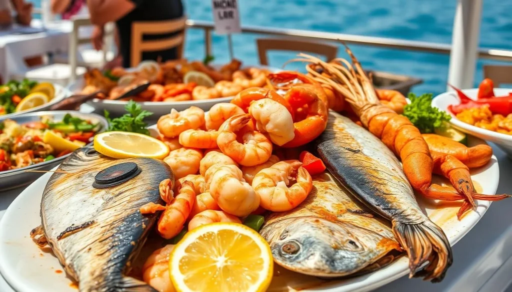 Fresh seafood platter at a waterfront restaurant in Mahdia Fresh seafood platter at a waterfront restaurant in Mahdia