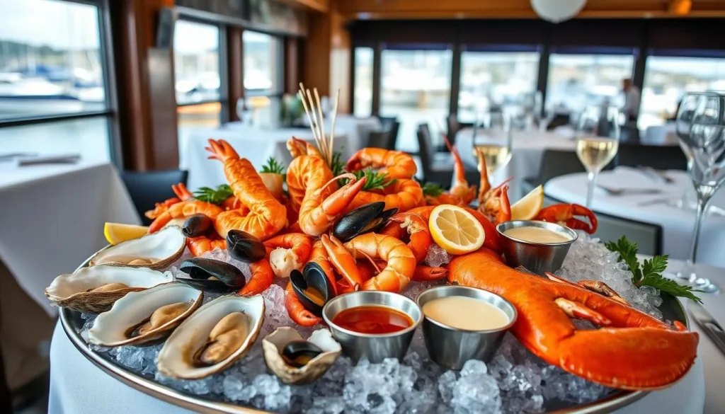 Fresh seafood platter at a waterfront restaurant in Plymouth