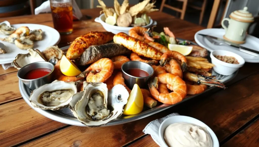 Fresh seafood platter featuring Apalachicola oysters and local catch Fresh seafood platter featuring Apalachicola oysters and local catch