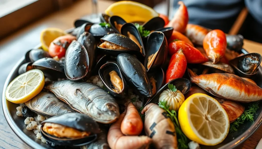 Fresh seafood platter featuring Menai Strait mussels at a restaurant in Anglesey