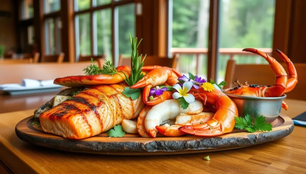 Fresh seafood platter featuring local salmon and other Pacific seafood from the Great Bear Rainforest region