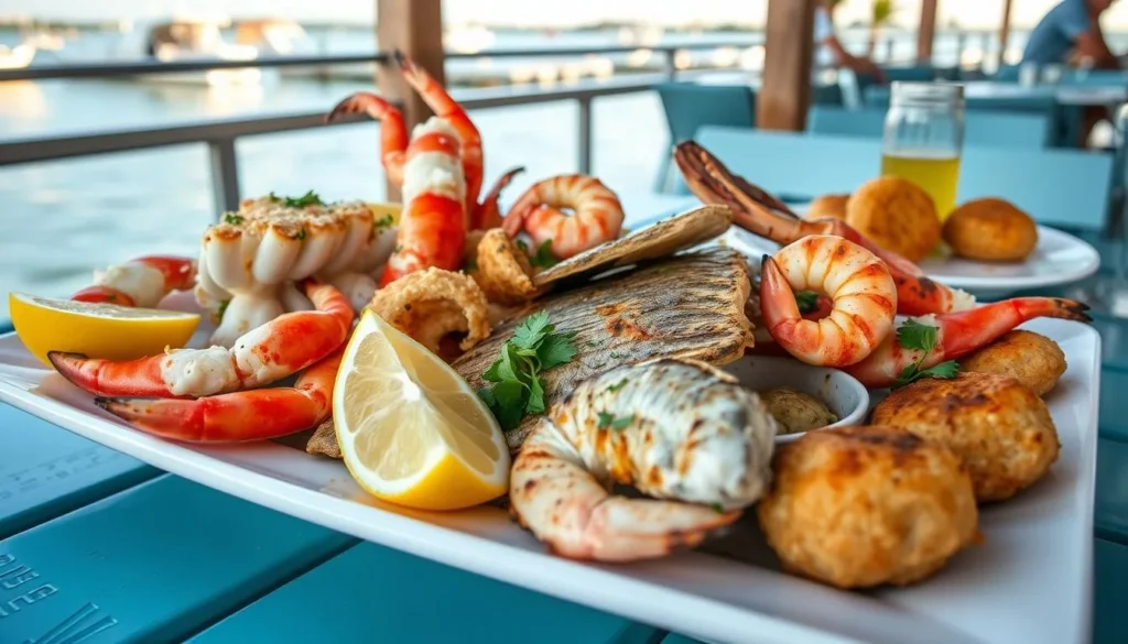 Fresh seafood platter with Florida Keys specialties at a waterfront restaurant Fresh seafood platter with Florida Keys specialties at a waterfront restaurant