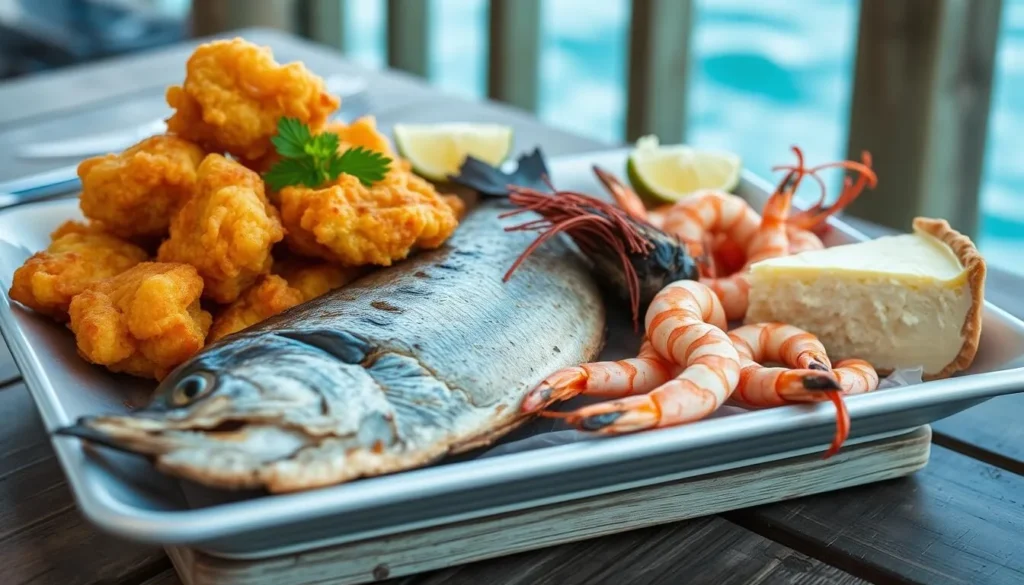 Fresh seafood platter with Florida Keys specialties including conch fritters and key lime pie