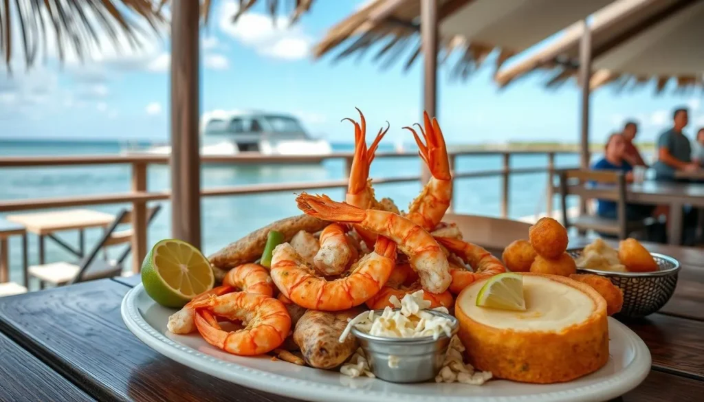 Fresh seafood platter with Gulf shrimp and fish at a local restaurant near Don Pedro Island