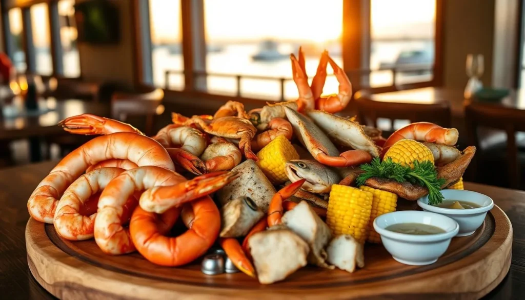 Fresh seafood platter with Gulf shrimp, blue crab, and local fish at a waterfront restaurant near Charlotte Harbor Fresh seafood platter with Gulf shrimp, blue crab, and local fish at a waterfront restaurant near Charlotte Harbor