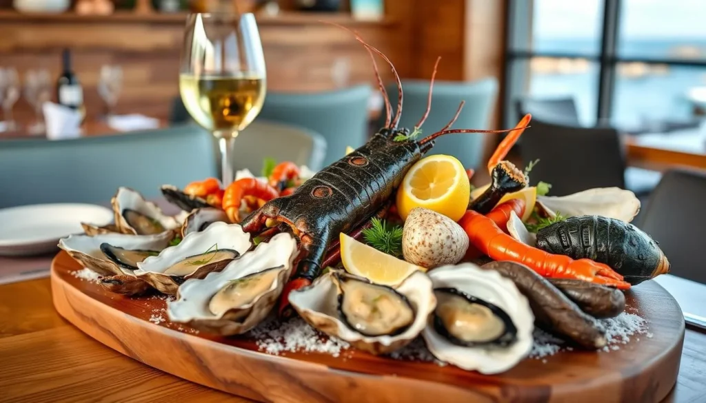 Fresh seafood platter with Kangaroo Island produce including marron, oysters, and local wines