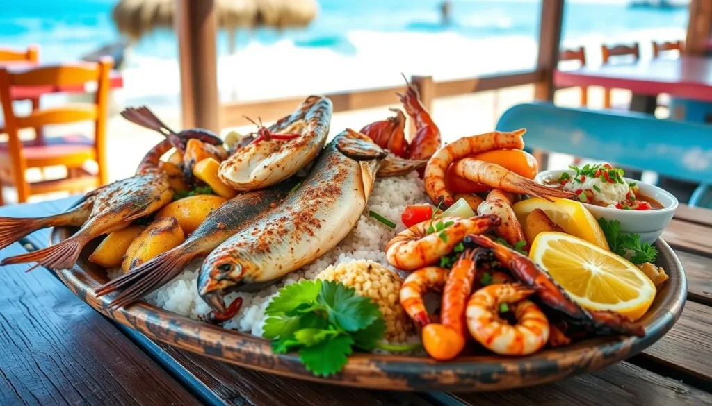 Fresh seafood platter with Puerto Rican seasonings from a restaurant in La Parguera
