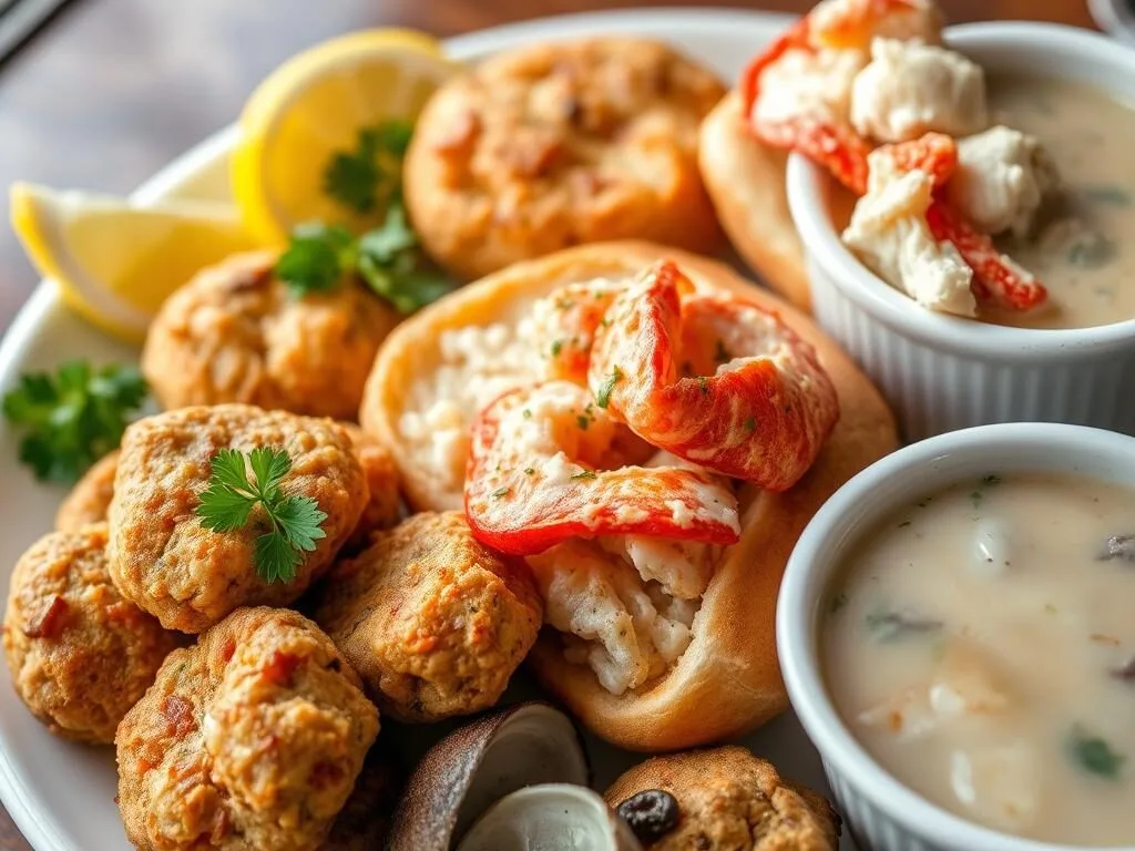 Fresh seafood platter with Rhode Island specialties including stuffies and clam cakes Fresh seafood platter with Rhode Island specialties including stuffies and clam cakes