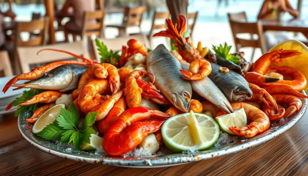 Fresh seafood platter with lobster and fish at a Cayo Coco beachfront restaurant