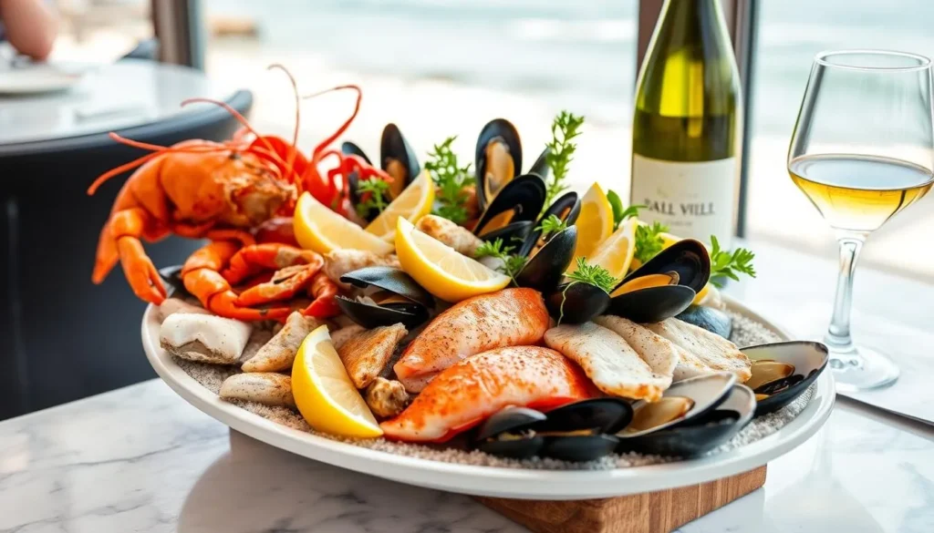 Fresh seafood platter with local Gisborne wine at a beachfront restaurant