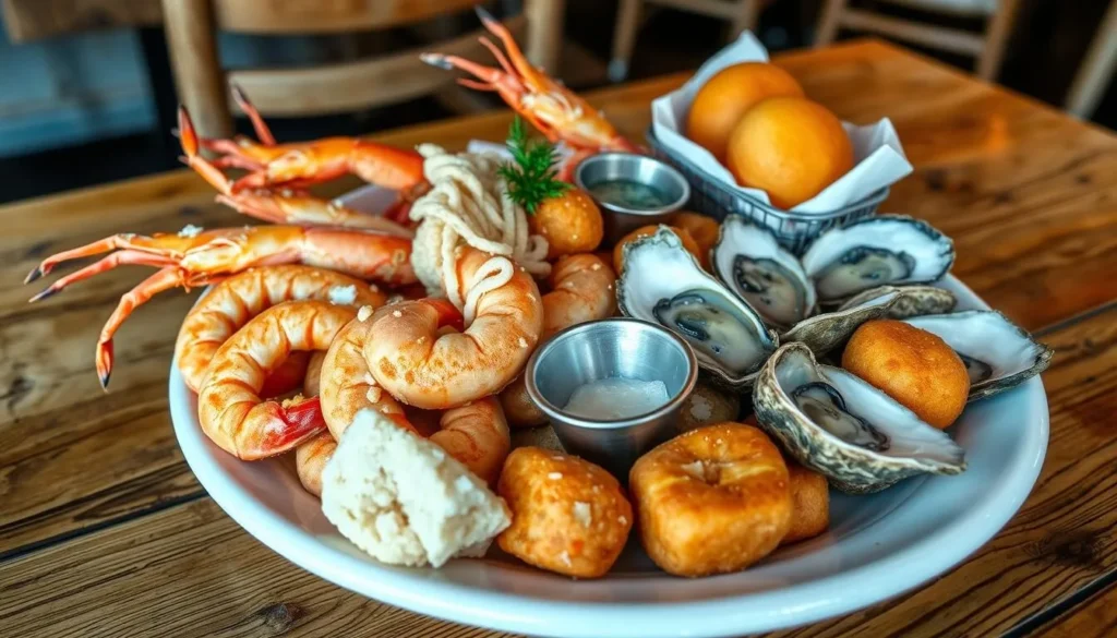 Fresh seafood platter with shrimp, crab, and oysters at a Folly Beach restaurant