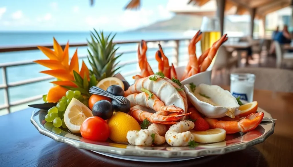 Fresh seafood platter with tropical fruits at a waterfront restaurant in Cairns Fresh seafood platter with tropical fruits at a waterfront restaurant in Cairns