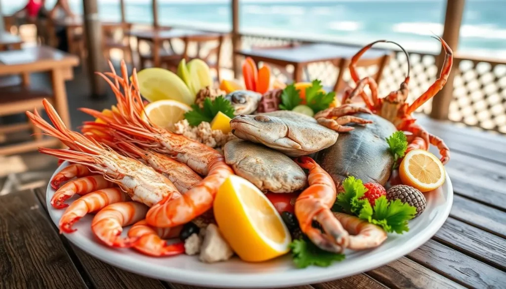 Fresh seafood platter with tropical fruits at an outdoor restaurant in Darwin