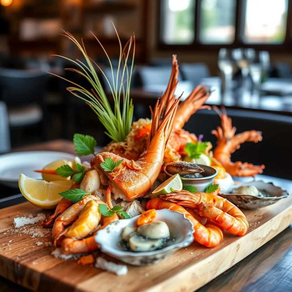 Fresh seafood platter with tropical garnishes at a Mackay restaurant