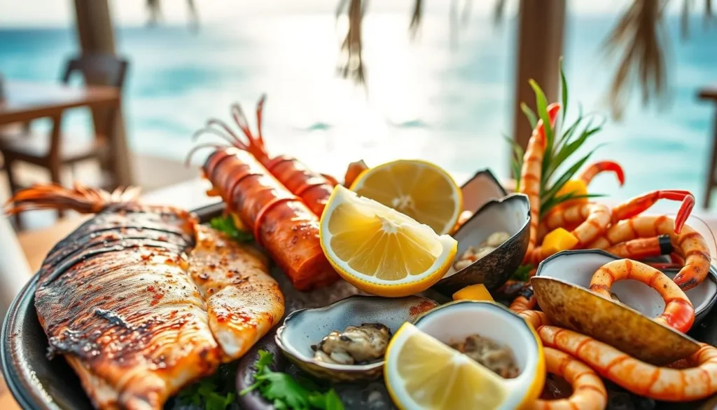 Fresh seafood platter with tropical garnishes at a beachfront restaurant on Magnetic Island