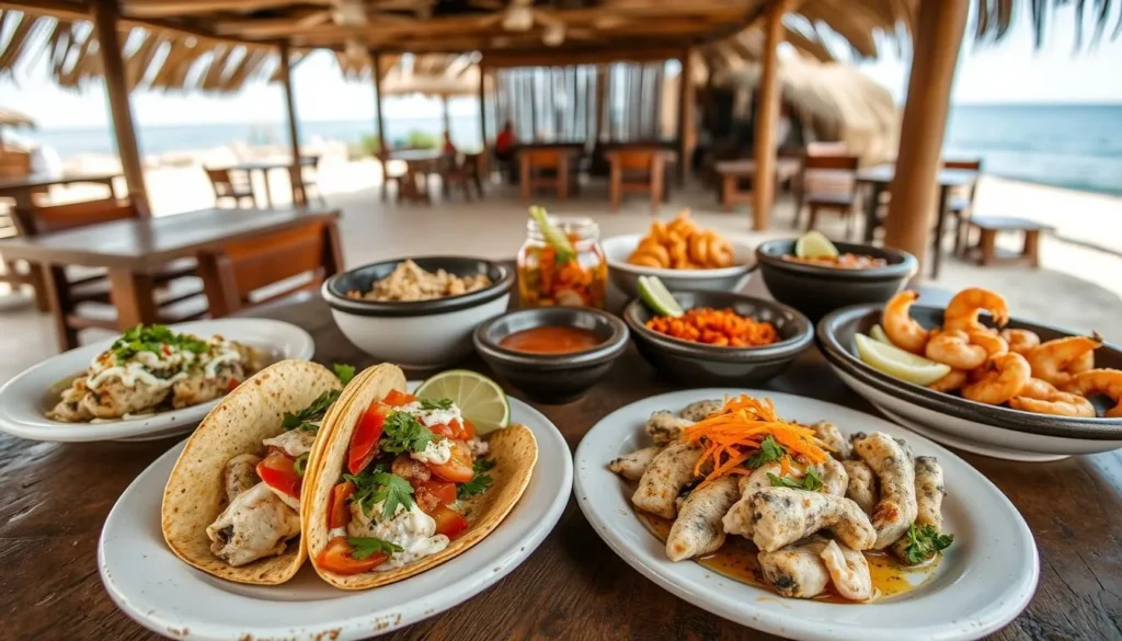 Fresh seafood tacos and Mexican cuisine served at a beachfront palapa restaurant in Cabo Pulmo