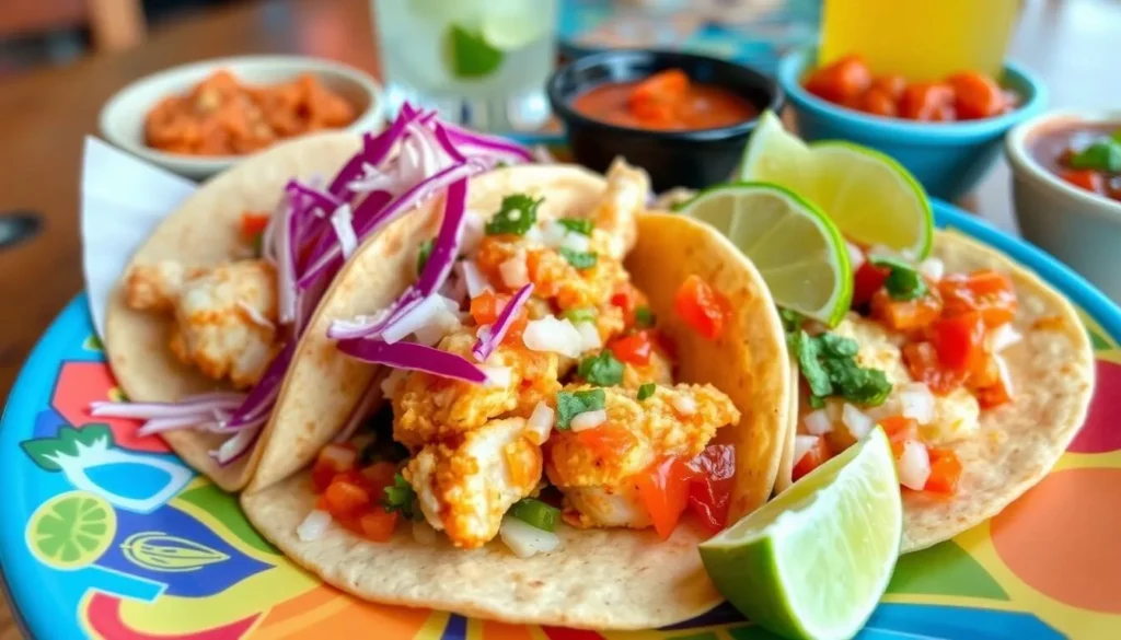 Fresh seafood tacos with lime and salsa, traditional Baja California Sur cuisine Fresh seafood tacos with lime and salsa, traditional Baja California Sur cuisine
