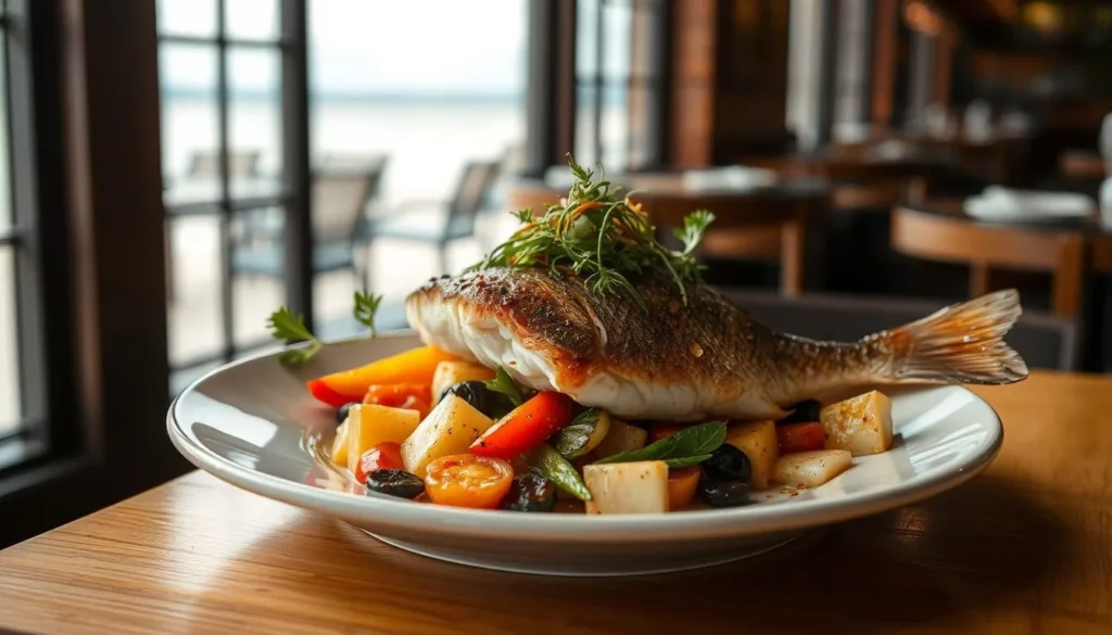Fresh walleye fish dinner with local vegetables at a Lake Nipissing restaurant