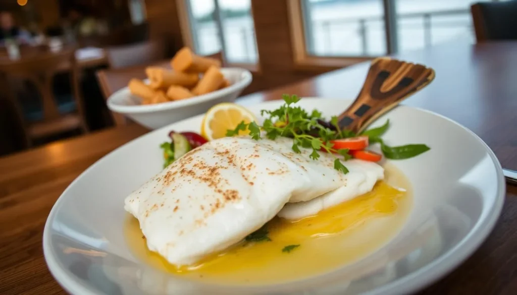 Fresh whitefish dinner with local vegetables at a waterfront restaurant in Georgian Bay
