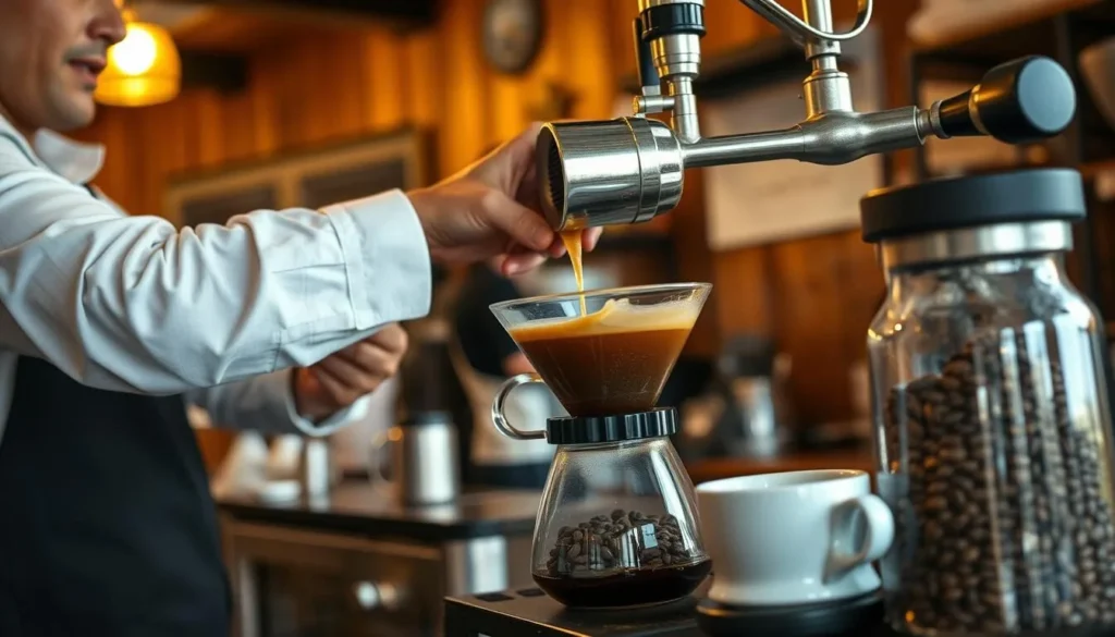 Freshly brewed Colombian coffee being served at a traditional coffee shop in Salento with coffee beans and brewing equipment Freshly brewed Colombian coffee being served at a traditional coffee shop in Salento with coffee beans and brewing equipment