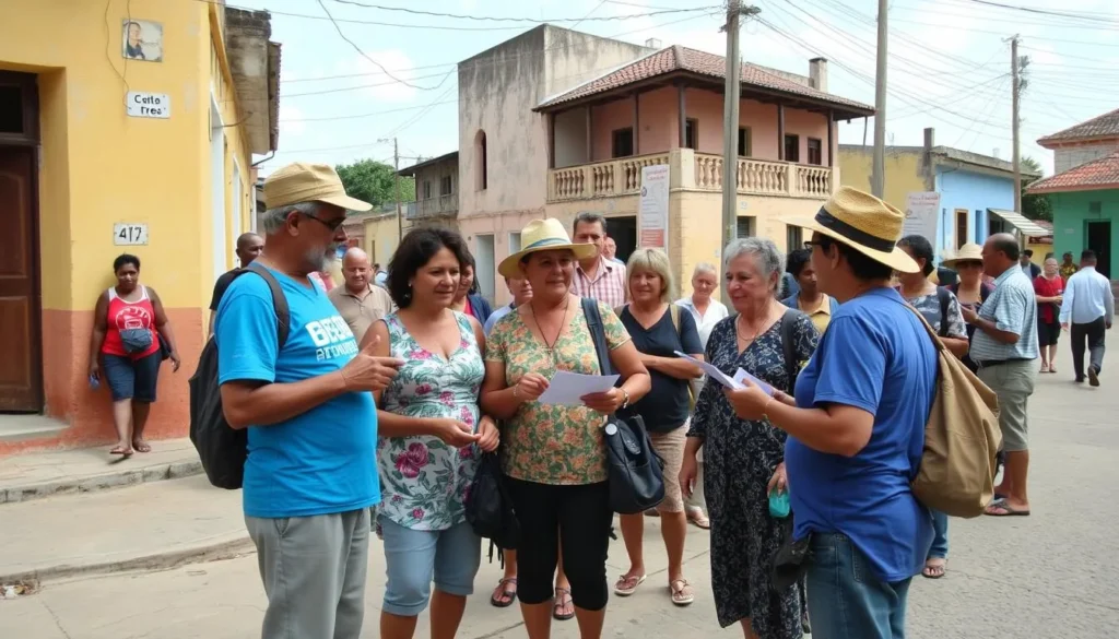 Friendly interaction between locals and tourists in Jovellanos showing Cuban hospitality
