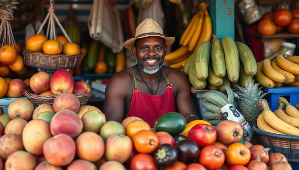 Friendly local vendor at Speightstown market selling fresh tropical fruits